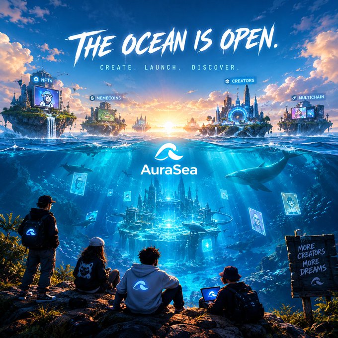 A promotional graphic for 'AuraSea' cryptocurrency platform with the tagline 'THE OCEAN IS OPEN. CREATE. LAUNCH. DISCOVER.', featuring floating islands labeled NFTs, MEMECOINS, CREATORS, and MULTICHAIN.