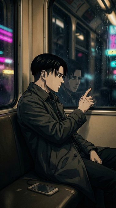 An anime-style illustration of a young man in a dark coat sitting on a train, gazing at his reflection in the rain-streaked window with his phone resting beside him.