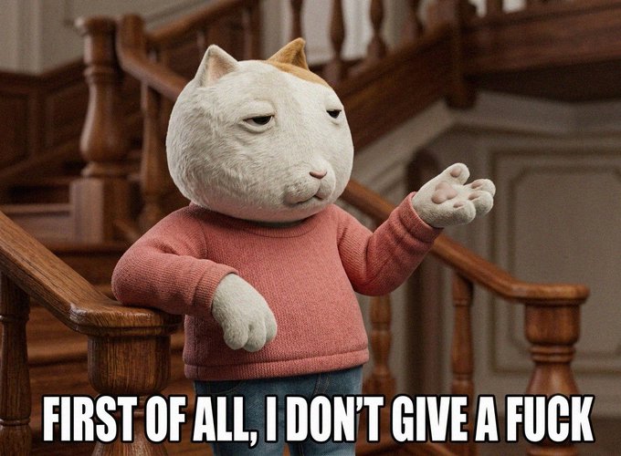 A meme features a cat wearing a pink sweater, standing on a wooden staircase with an indifferent expression, captioned "FIRST OF ALL, I DON'T GIVE A FUCK".