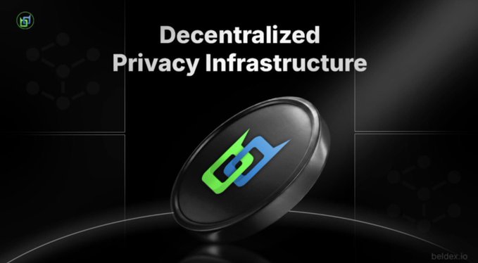A promotional graphic reading 'Decentralized Privacy Infrastructure' featuring a black circular token with a green and blue logo, branded 'beldex.io'.