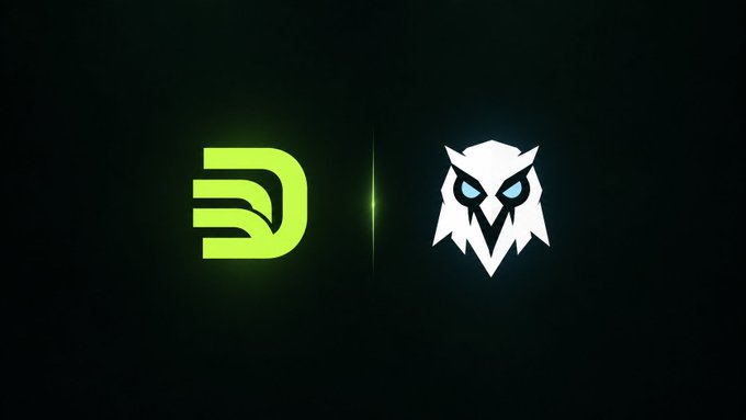 A dark logo graphic displaying a green stylized 'D' logo on the left and a white owl head logo on the right, separated by a glowing vertical line.