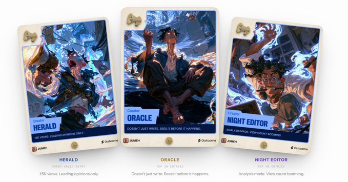 Three character cards labeled 'HERALD', 'ORACLE', and 'NIGHT EDITOR' with the 'JUMEH' and 'Outcome' logos are displayed side-by-side.