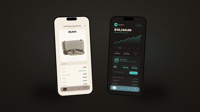 The image shows two cell phones side by side, both displaying a shopping app with a product called "Chanel" displayed on their screens. The phone on the left has a black background while the one on the right has a green background. Both phones are positioned in such a way that they appear to be floating or hovering above each other against a dark gray backdrop. The text at the bottom of the image reads: "I don' know how to explain to you that my Chanel bag and my Hyperliquid account belong in the same app @GetCreamApp does".