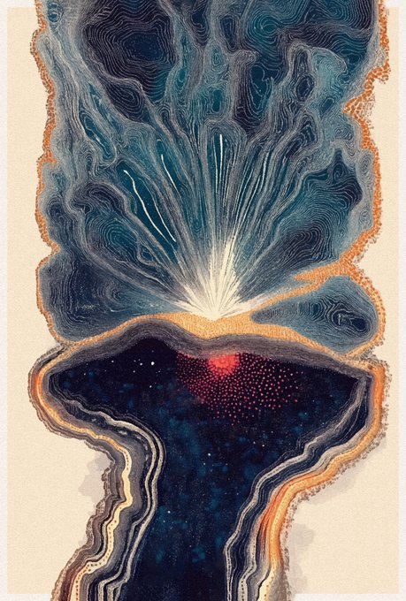 A surreal abstract artwork featuring a radiant burst of light emerging from an organic, cave-like opening with deep blue swirling patterns and golden-orange edges.