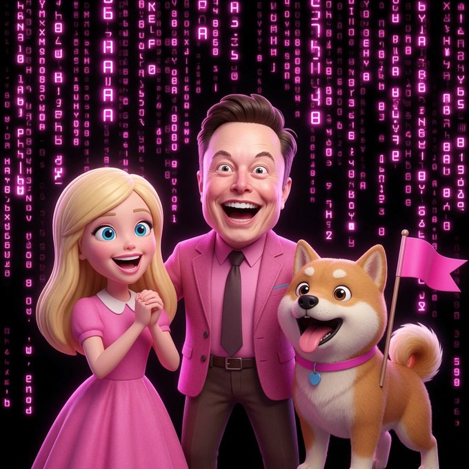 A vibrant 3D-rendered scene features a cartoonish blonde woman in a pink dress, an excited man in a pink blazer, and a happy Shiba Inu dog with a pink flag, all set against a backdrop of glowing pink digital code. The image playfully combines "Barbie"-style aesthetics with crypto meme culture, visually reinforcing the "$BDEM" post's blend of AI training humor and Doge energy.