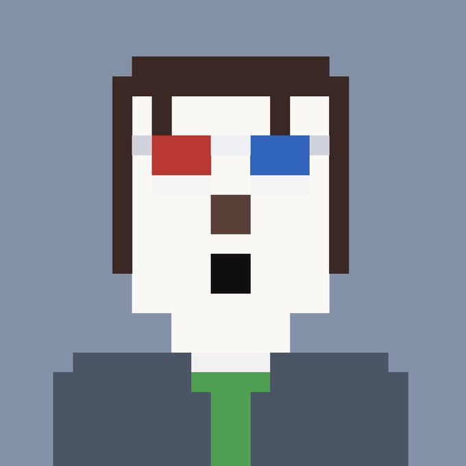 A pixel art portrait of a pale-skinned character with dark hair, red and blue 3D glasses, a suit, and green tie. The image relates to the post by showing the "Stonk Broker" character being discussed—a clean, albino figure reminiscent of the author's CryptoPunk, reflecting their excitement about the NFT space.
