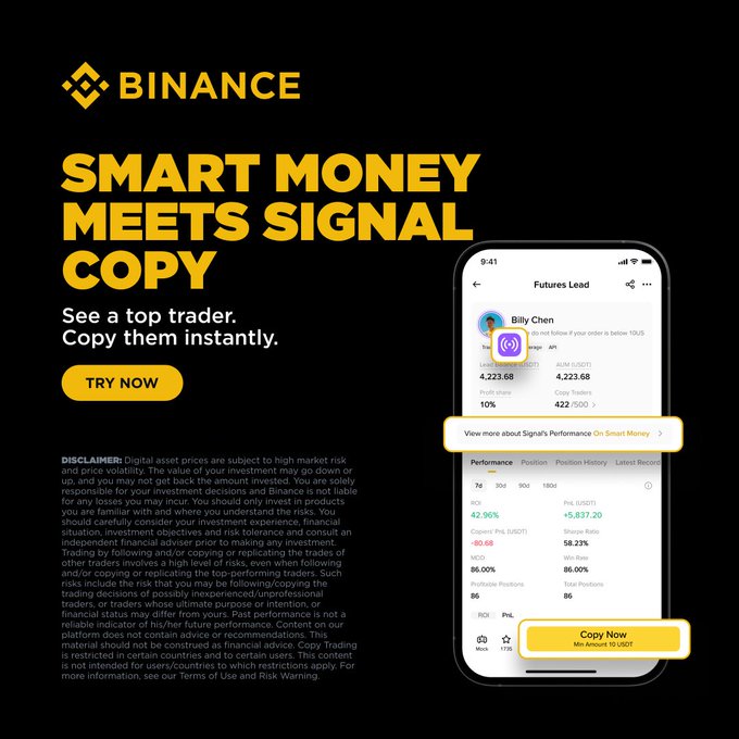A Binance advertisement promoting its "Smart Money Meets Signal Copy" feature, displaying a mobile app screen of the "Futures Lead" page for top trader "Billy Chen" with a 42.96% 90-day ROI and a highlighted "Copy Now" button for as little as 10 USDT, directly illustrating the auto-copy trading service launched in the accompanying post.
