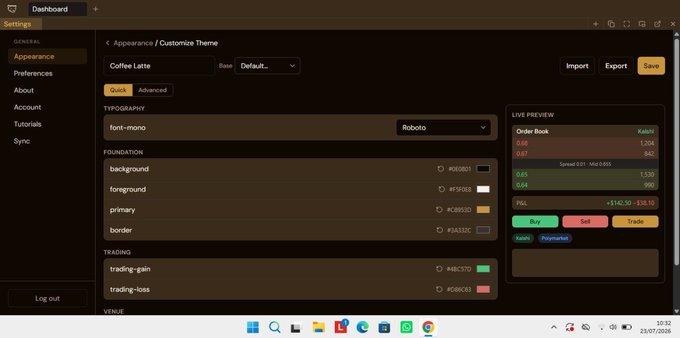A 'Coffee Latte' appearance customization settings panel showing typography, foundation, and trading color options alongside a live preview of a trading dashboard with order book and P&L displays.