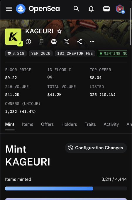Screenshot of OpenSea NFT marketplace showing the KAGEURI collection page with 3,219 items, a floor price of $9.22, 24H volume of $41.2K, and a minting progress bar at 3,211/4,444 items minted.