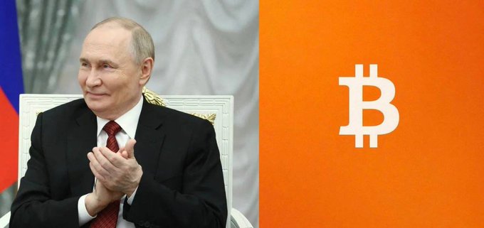 A split image showing Vladimir Putin clapping in a suit on the left and a large white Bitcoin symbol on an orange background on the right.