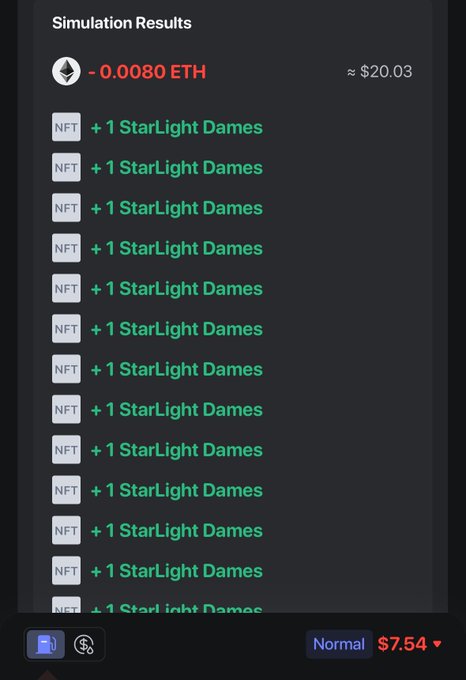 A cryptocurrency 'Simulation Results' screen showing a transaction of -0.0080 ETH (≈ $20.03) spent to mint 12 NFTs, each labeled '+ 1 StarLight Dames'.