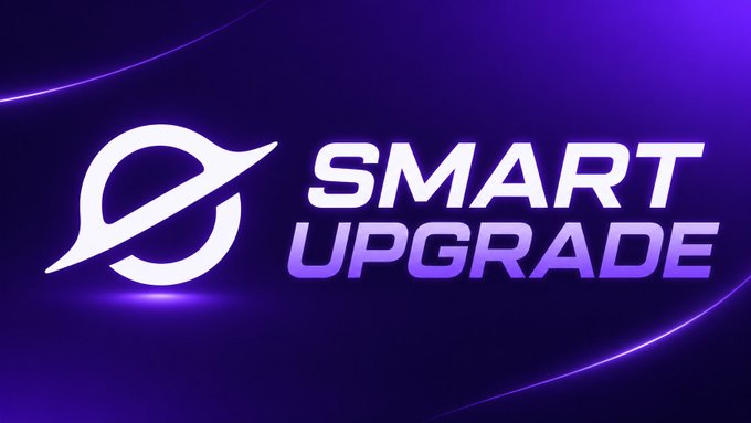 A sleek purple graphic displays the "SMART UPGRADE" text alongside a stylized planet logo, visually representing EVEDEX's technological transition from a custom L3 to native Arbitrum L2 on July 1. The futuristic design and "smart upgrade" tagline reinforce the post's message of enhanced security, liquidity, and trading experience.
