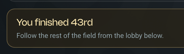 A notification screen reads "You finished 43rd. Follow the rest of the field from the lobby below."