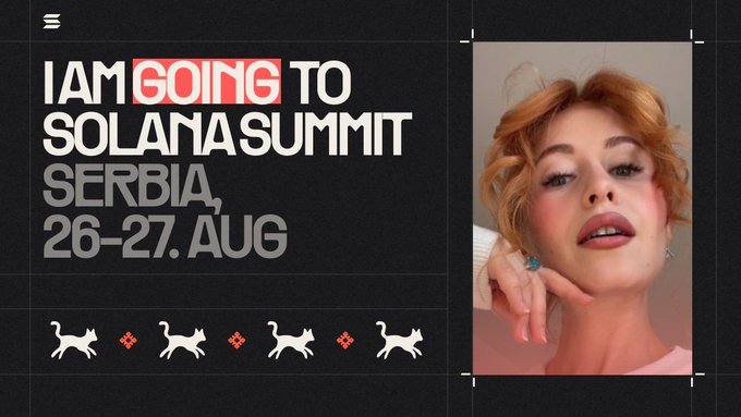 A promotional graphic announcing attendance at 'I AM GOING TO SOLANA SUMMIT SERBIA, 26-27. AUG' with a photo of a red-haired woman on the right and cat icons along the bottom.