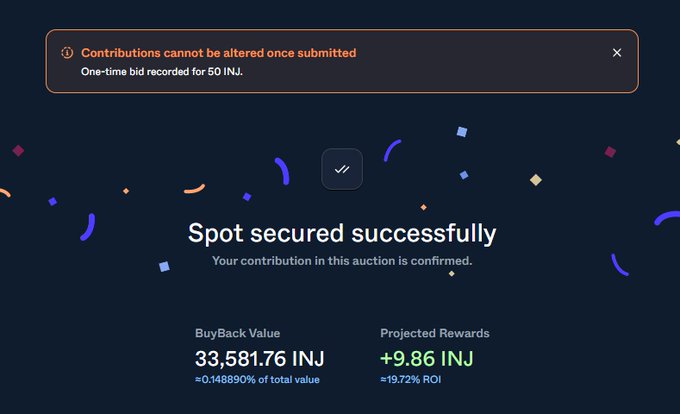 Identical success screen with the same 'Contributions cannot be altered once submitted' warning and 50 INJ one-time bid notification.