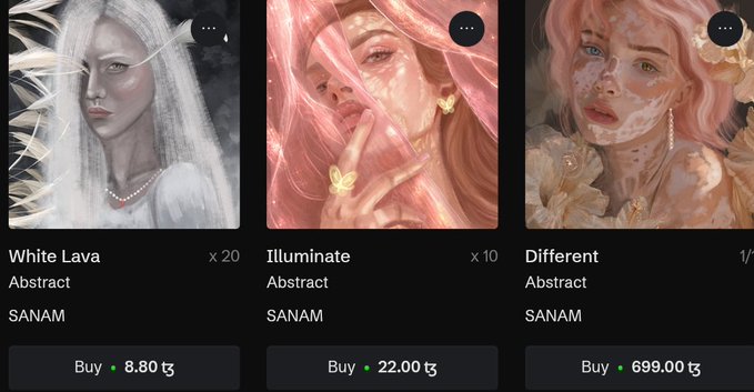 Three digital artworks by SANAM are displayed in an abstract art gallery: 'White Lava' for 8.80 t, 'Illuminate' for 22.00 t, and 'Different' for 699.00 t.