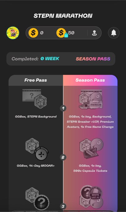 A screenshot of a STEPN Marathon event page showing Free Pass and Season Pass reward tracks, including items like 'GGBox, STEPN Background' and 'GGBox, 1x key, 500x Capsule Tickets'.
