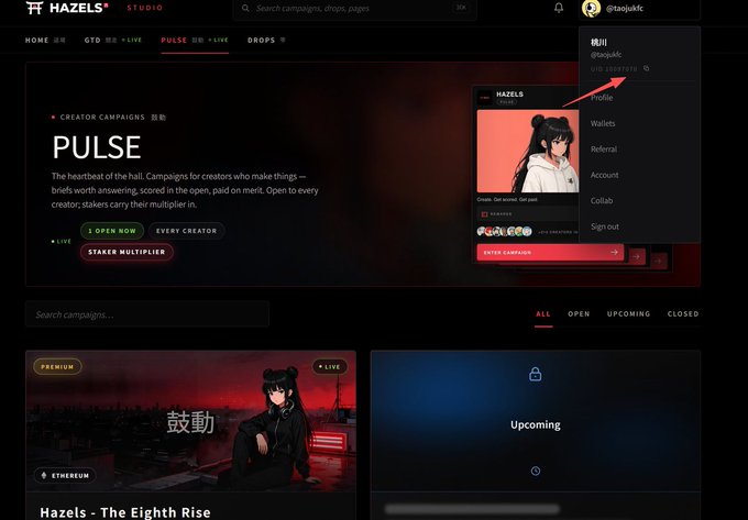 Screenshot of the Hazels Studio PULSE platform with a red arrow pointing to the 'Profile' option in the user dropdown menu for @taejukjfc.