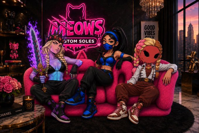 A stylized illustration of three anime-style female characters sitting on a pink couch wearing sneakers, with a neon 'MEOWS' sign and 'GOOD VIBES ONLY' poster in the background, promoting 'Custom Soles'.