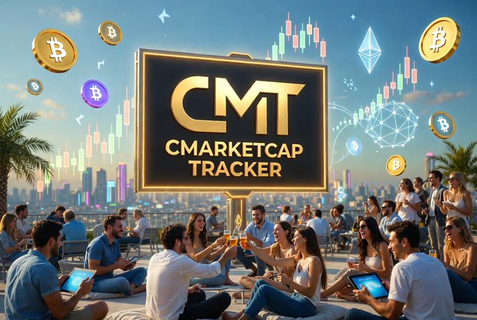 The image features a large group of people sitting around each other, with some holding drinks and others using their phones. The scene appears to be set at an outdoor event or gathering where everyone seems to be enjoying themselves. In the background, there is a sign that says "CMT" and another sign that reads "marketcap tracker". This suggests that this gathering might be related to cryptocurrency trading or investing in the crypto market.