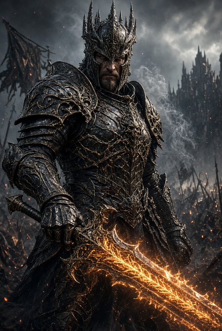 A dark fantasy illustration of a menacing armored knight with a spiked helmet wielding a fiery sword against a gothic castle backdrop.