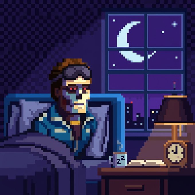 A pixel art illustration depicts a man wearing night-vision goggles in bed, with a full moon visible through the window behind him and a clock and a mug on the nightstand.