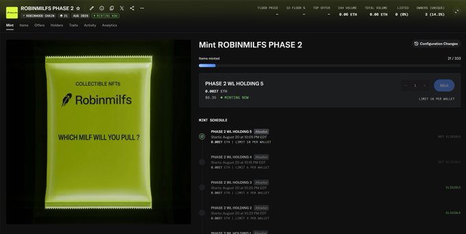 A screenshot of the Opensea NFT marketplace page for 'Mint ROBINMILFS PHASE 2' displaying a yellow collectible packet and mint schedule details.