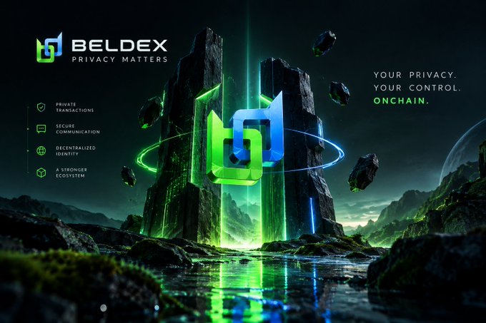 Cinematic promotional image for 'BELDEX - PRIVACY MATTERS' with the tagline 'YOUR PRIVACY. YOUR CONTROL. ONCHAIN.', highlighting private transactions, secure communication, decentralized identity, and a stronger ecosystem.
