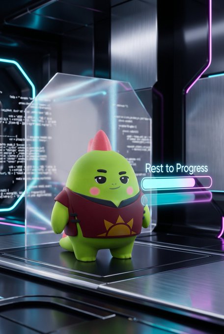 A 3D-rendered cartoonish green character with a red crest and maroon shirt stands inside a futuristic glass enclosure featuring neon purple and blue lights, with a 'Rest to Progress' loading bar displayed beside it.