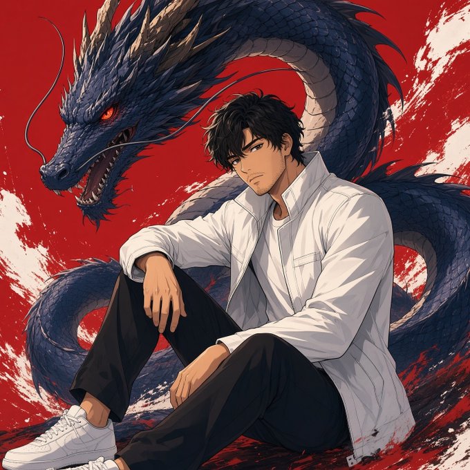 An anime-style illustration features a young man with black hair wearing a white shirt and dark pants, sitting in front of a large, dark blue dragon against a red background with white paint splatters.