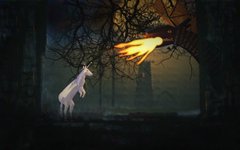 A dark, atmospheric illustration showing a small white creature facing a large, fiery-eyed beast-like head emerging from shadowy branches.