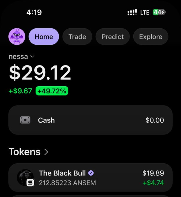 A mobile screenshot of a crypto portfolio app showing an account named "nessa" with a total balance of $29.12, featuring holdings of 212.85 ANSEM ("The Black Bull") valued at $19.89, aligning with the post celebrating becoming an $ANSEM holder.