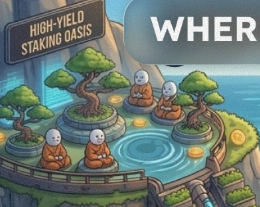 A cartoon-style graphic for "HIGH-YIELD STAKING OASIS" featuring small monk characters meditating in a zen garden setting with the word "WHER" (partially visible) in the background.