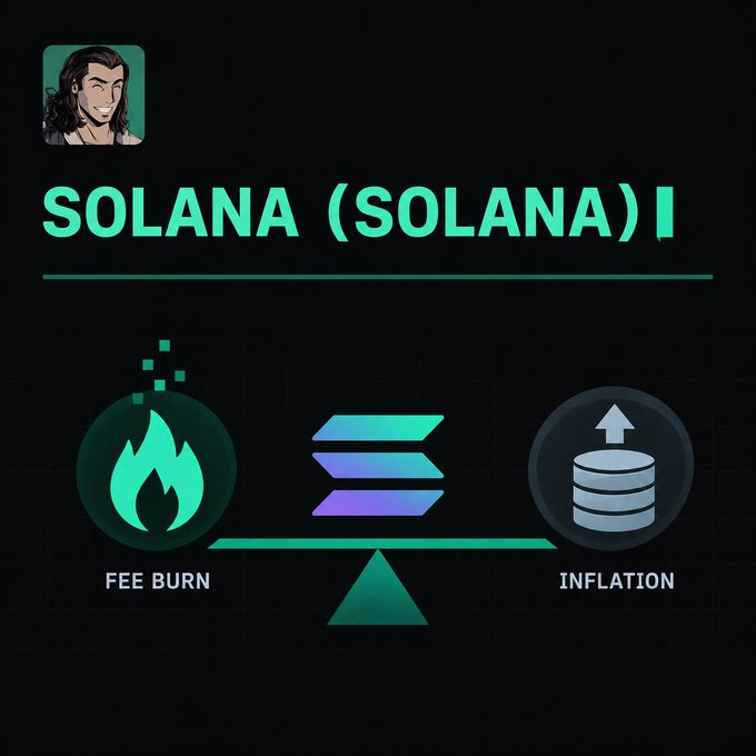 A graphic titled 'SOLANA (SOLANA)' comparing 'FEE BURN' with a flame icon against 'INFLATION' with a database icon on a balance scale.