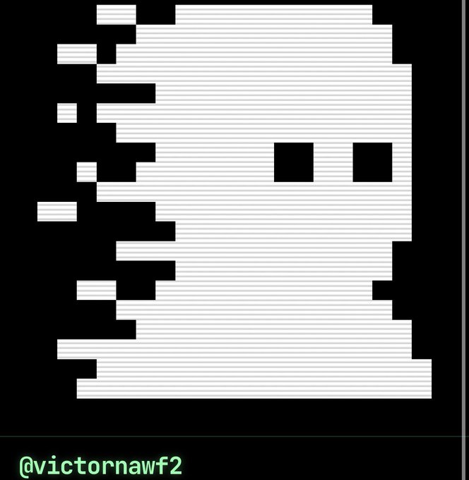 A pixel art image of a white ghost-like figure with two square black eyes on a black background, signed '@victornawf2'.