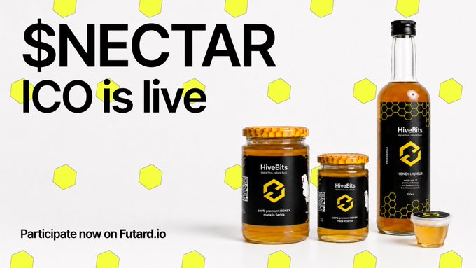 Promotional advertisement reading '$NECTAR ICO is live' for HiveBits honey products, directing viewers to 'Participate now on Futard.io'.