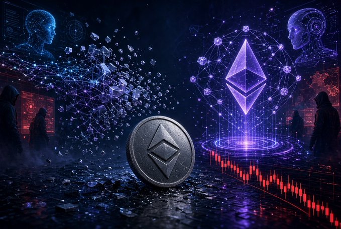 A dramatic digital artwork features Ethereum (ETH) symbols, including a glowing purple Ethereum logo and a physical silver coin, set against a futuristic backdrop with AI figures and red trading charts.