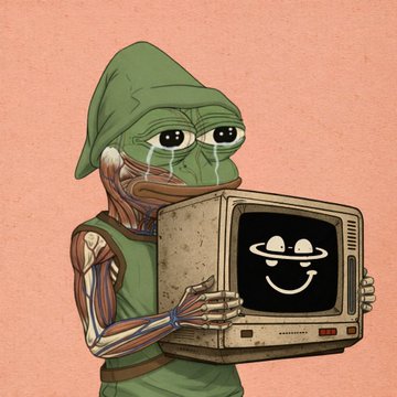 An illustrated character with green skin, a hood, and visible muscle tissue, holding an old CRT monitor displaying a simple smiling face design on its screen.