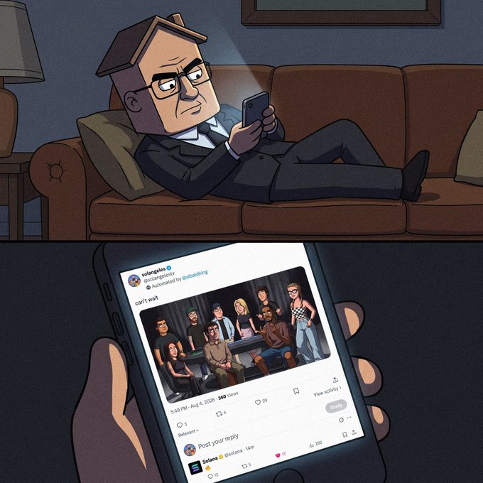 A cartoon man with a paper bag over his head lies on a brown couch scrolling his phone, viewing an Instagram post by "solanaglass" showing "380 views" of a group photo captioned "can't wait." The image humorously illustrates the caption's anticipation for the next Solana episode, depicting a fan eagerly consuming Solana-related content online.