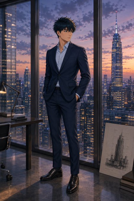 An anime-style dark-haired man in a navy suit stands in a high-rise office with a city skyline at sunset behind him.