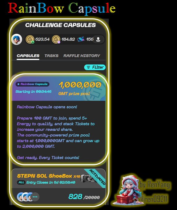 RainBow Capsule game interface showing a challenge with a 1,000,000 GMT prize pool, a STEP'N SOL ShoeBox raffle, and branding 'by RenYang'.