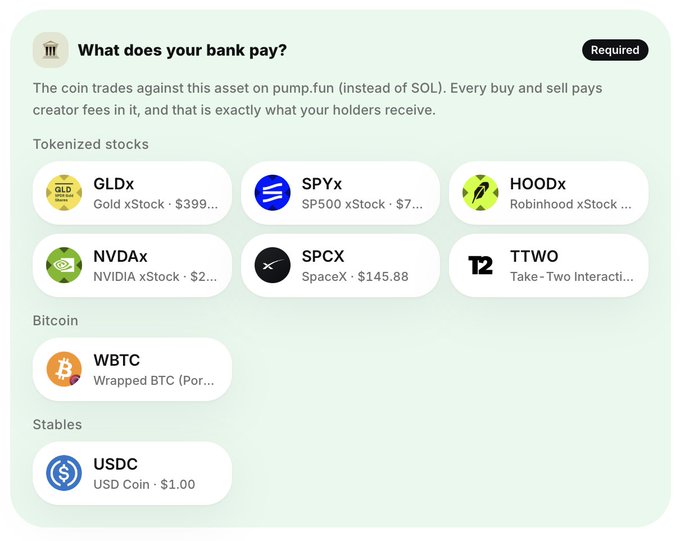 A cryptocurrency interface shows tokenized assets including GLDx ($399), SPYx ($7...), HOODx, NVDax ($2...), SPCX ($145.88), TTWO, plus Wrapped BTC (WBTC) and USD Coin ($1.00), under the heading "What does your bank pay?"