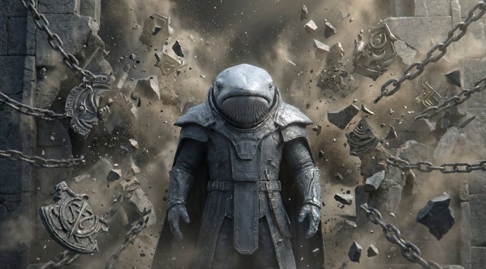 A hooded figure with a featureless mask bursts through crumbling stone walls bound by chains, with debris and dust exploding outward in a dramatic display of destruction and liberation.

The image visually reinforces the post's theme by depicting someone breaking free from chains—a powerful metaphor for rejecting the anti-Bitcoin propaganda and embracing BTC ownership.