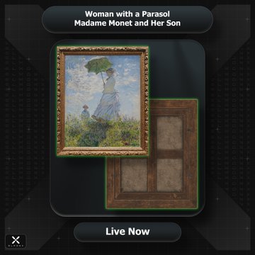 A digital collectible featuring Claude Monet's "Woman with a Parasol - Madame Monet and Her Son" displayed alongside a frame placeholder, with text promoting the "Claude Monet: Impressions of Light" collection now live on ElmonX. The artwork shows Monet's wife Camille holding a green parasol with their son Jean in a sunlit field, representative of the two-masterwork collection mentioned in the post.