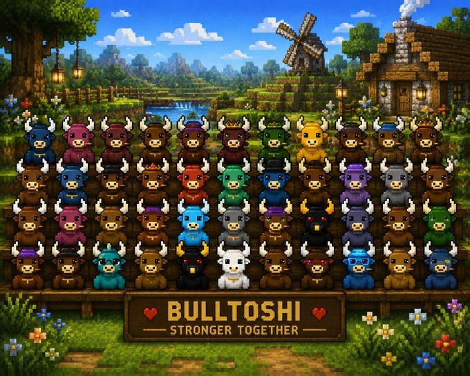 Pixel art featuring rows of colorful bull characters in a farm setting, with a wooden sign reading 'BULLTOSHI ♥ STRONGER TOGETHER'.