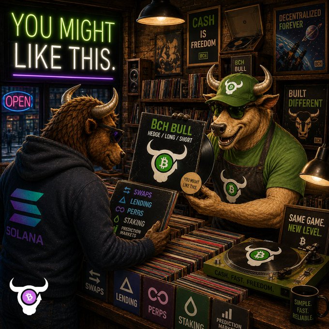 A detailed illustration depicts two anthropomorphic bulls in a record shop setting, one wearing a 'SOLANA' hoodie and the other in a 'BCH BULL' cap, surrounded by crypto-themed signage like 'YOU MIGHT LIKE THIS' and 'CASH IS FREEDOM'.