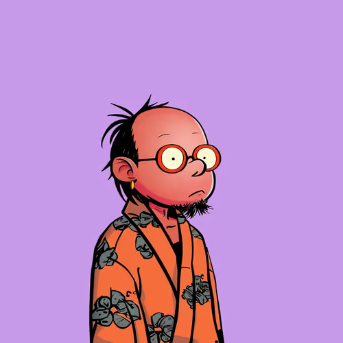 A cartoon illustration of a bald man with glasses, a goatee, and an orange floral-patterned robe against a purple background.