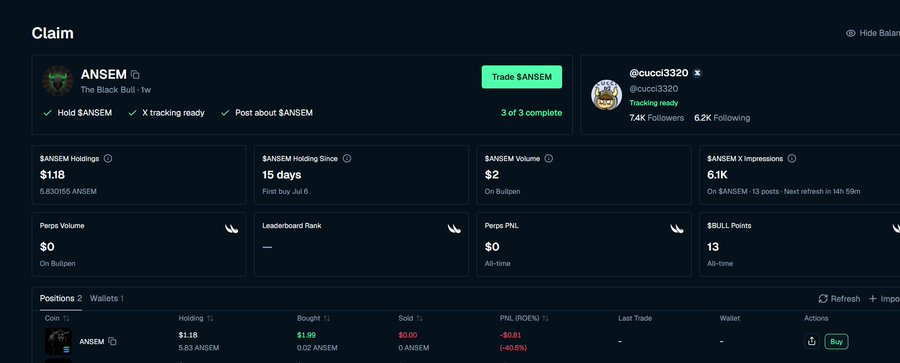 A dashboard for claiming $ANSEM (The Black Bull) showing holdings of $1.18, 15 days holding time, and a PNL of -$0.81 (-40.5%).