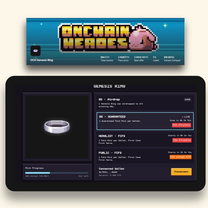 A screenshot of the 'Onchain Heroes' NFT minting page, showing a Genesis Ring with details like 884 ETH total volume, 2.0022 WETH best offer, and a mint progress bar at 98.00%.