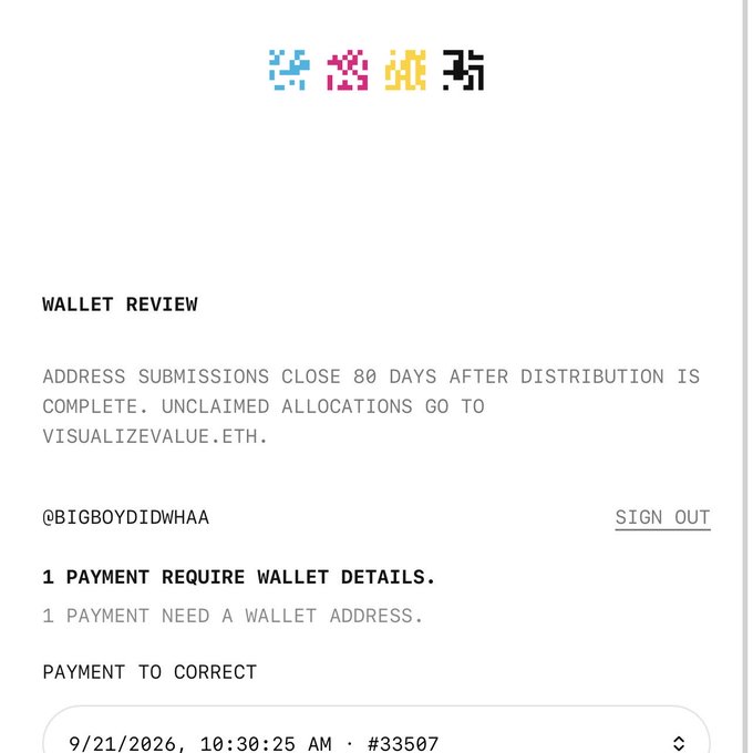 A screenshot of a 'WALLET REVIEW' page for a project shows the text 'ADDRESS SUBMISSIONS CLOSE 80 DAYS AFTER DISTRIBUTION IS COMPLETE. UNCLAIMED ALLOCATIONS GO TO VISUALIZEVALUE.ETH,' with the username '@BIGBOYDIDWHAA' and a note that '1 PAYMENT REQUIRE WALLET DETAILS.'